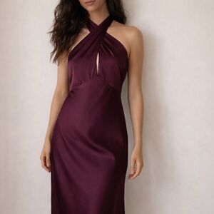 Park & Fifth Burgundy Satin Halter Midi Dress Medium Formal Bridesmaid Wedding